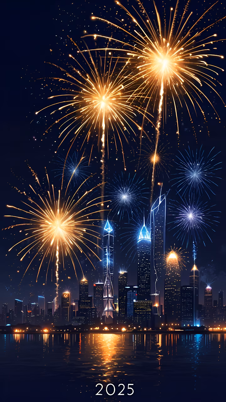 2025 New Year Fireworks Over Futuristic City Skyline - Free Mobile AMOLED Wallpaper Background