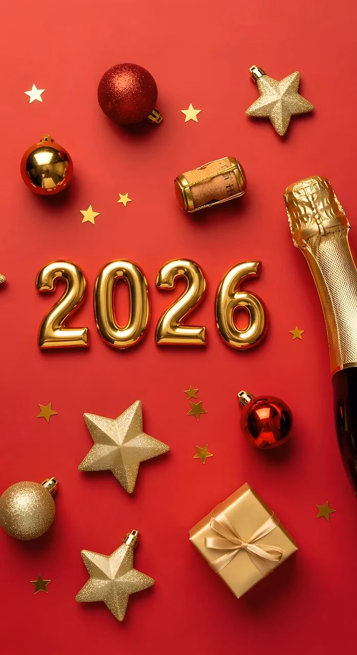 2026 New Year Celebration Ornaments Flatlay - Free Mobile AMOLED Wallpaper Background
