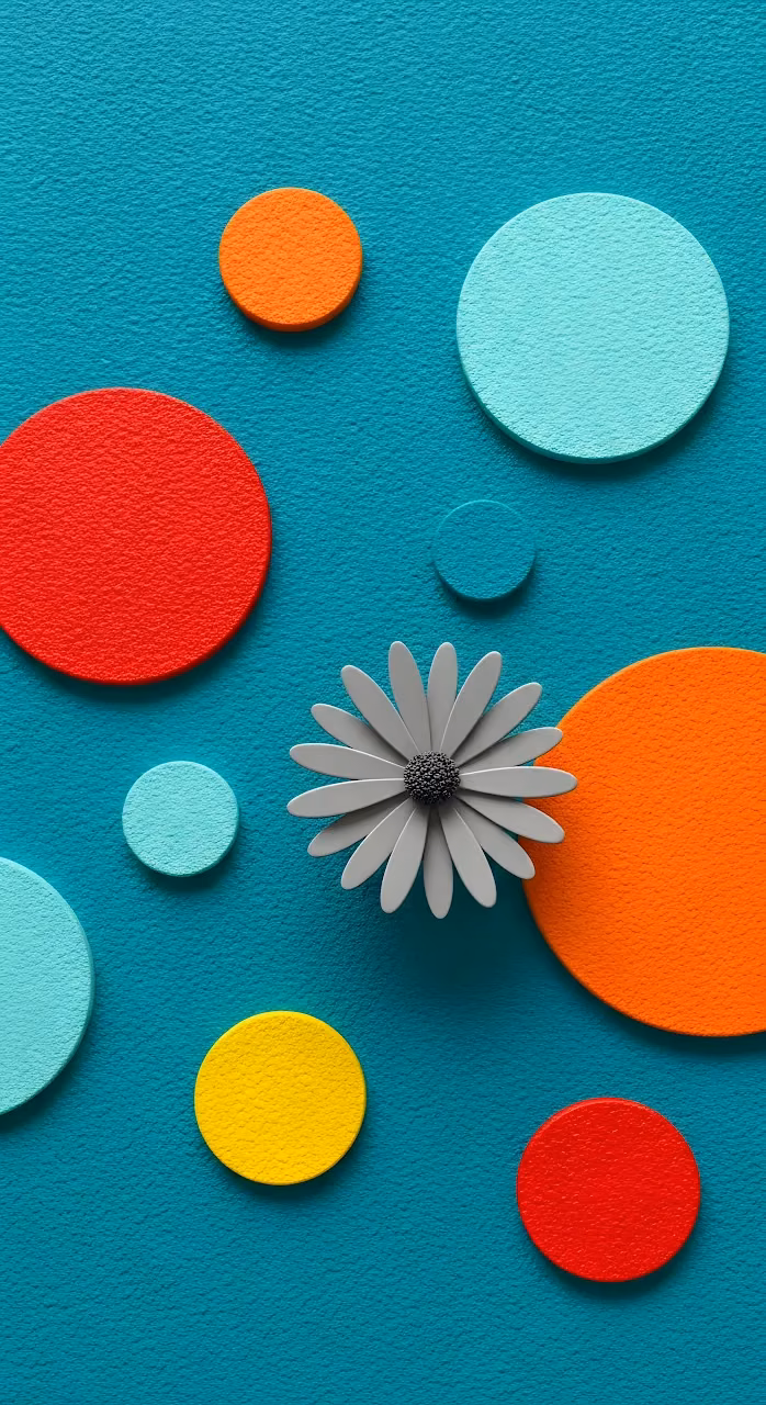 3D Abstract Flower Art on Teal Texture with Colorful Circles - Free Mobile AMOLED Wallpaper Background