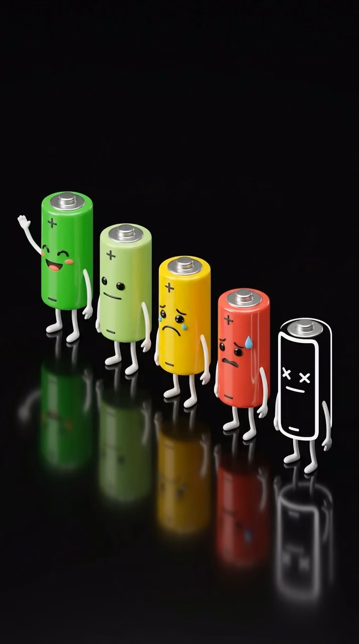 3D Battery Characters Showing Different Emotional Charging States - Free Mobile AMOLED Wallpaper Background