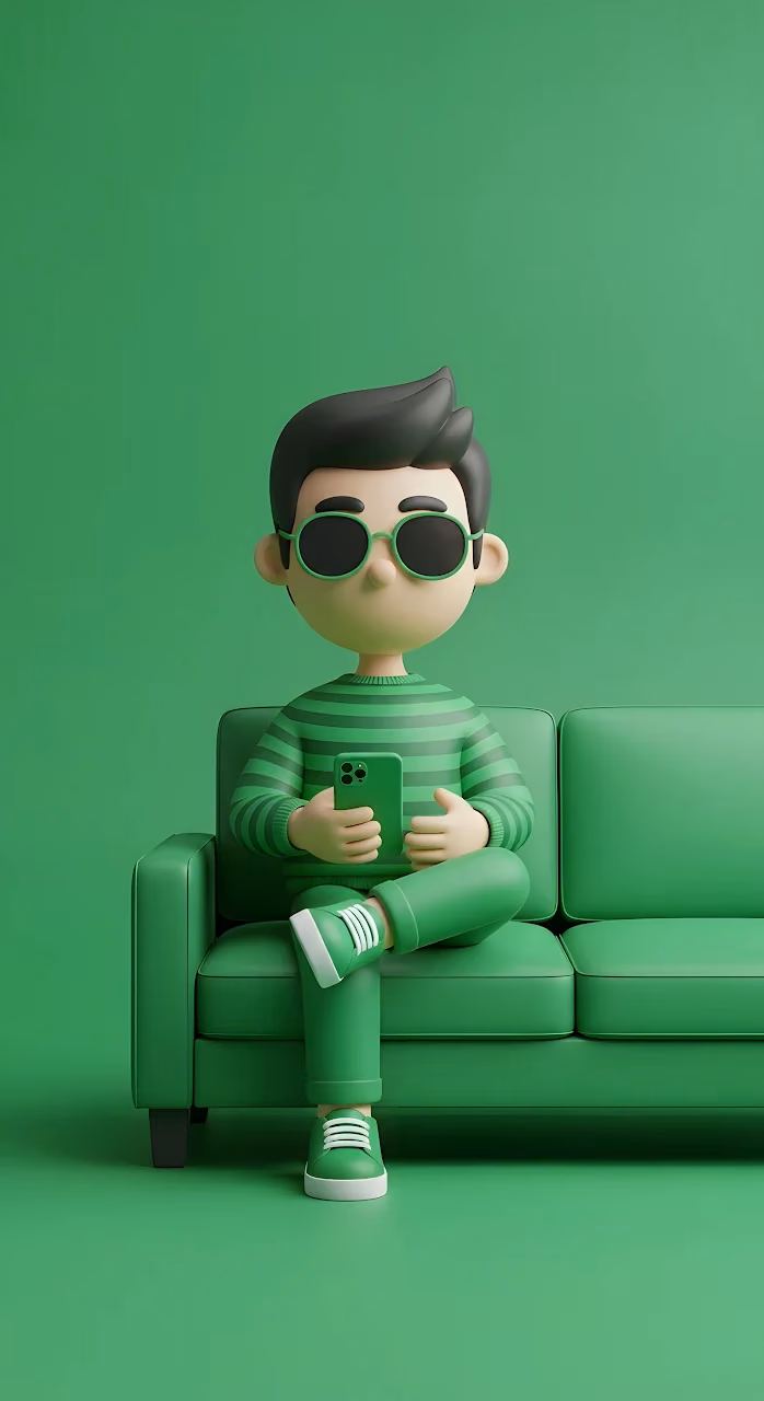 Download 3D Cartoon Character Monochromatic Green Aesthetic Sofa Wallpaper in Mobile HD 3D Cartoon Character Monochromatic Green Aesthetic Sofa - Free Mobile AMOLED Wallpaper Background