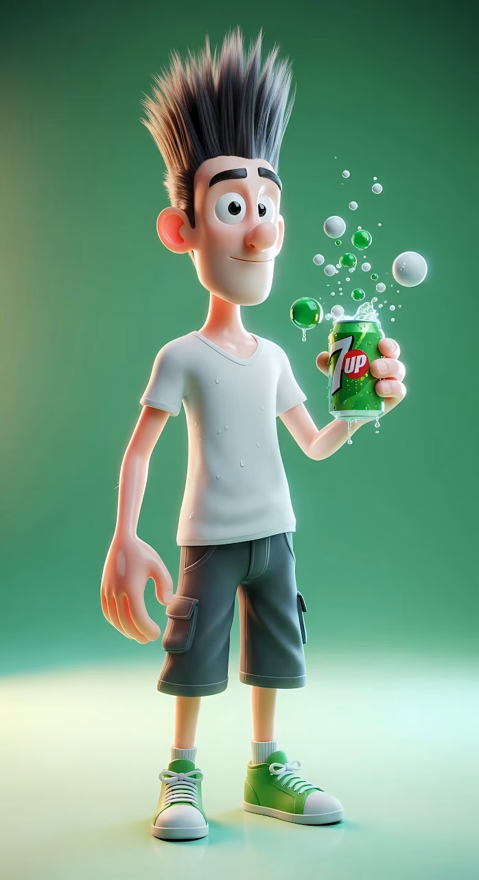 3D Cartoon Character Holding a Can of 7Up Soda - Free Mobile AMOLED Wallpaper Background