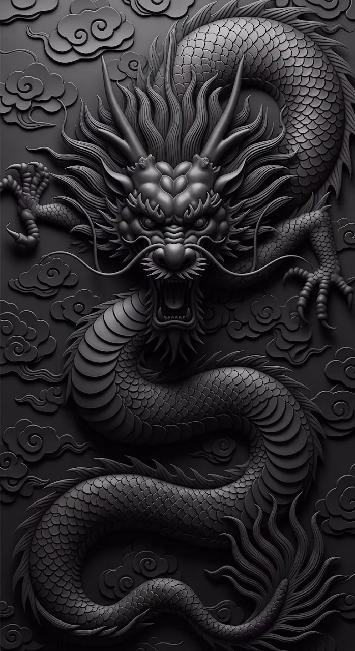 3D Carved Matte Black Dragon Sculpture - Free Mobile AMOLED Wallpaper Background