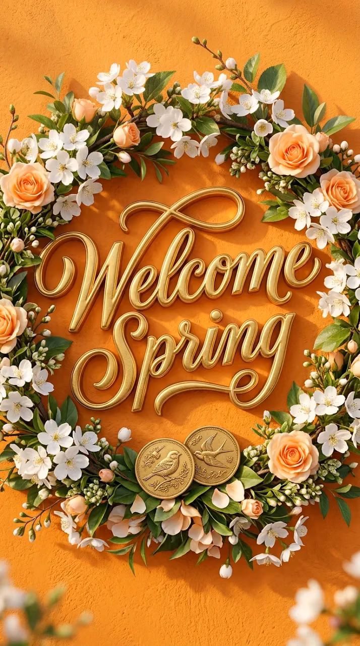 Download 3D Gold Script 'Welcome Spring' with Cherry Blossoms and Roses Wallpaper in Mobile HD 3D Gold Script 'Welcome Spring' with Cherry Blossoms and Roses - Free Mobile AMOLED Wallpaper Background