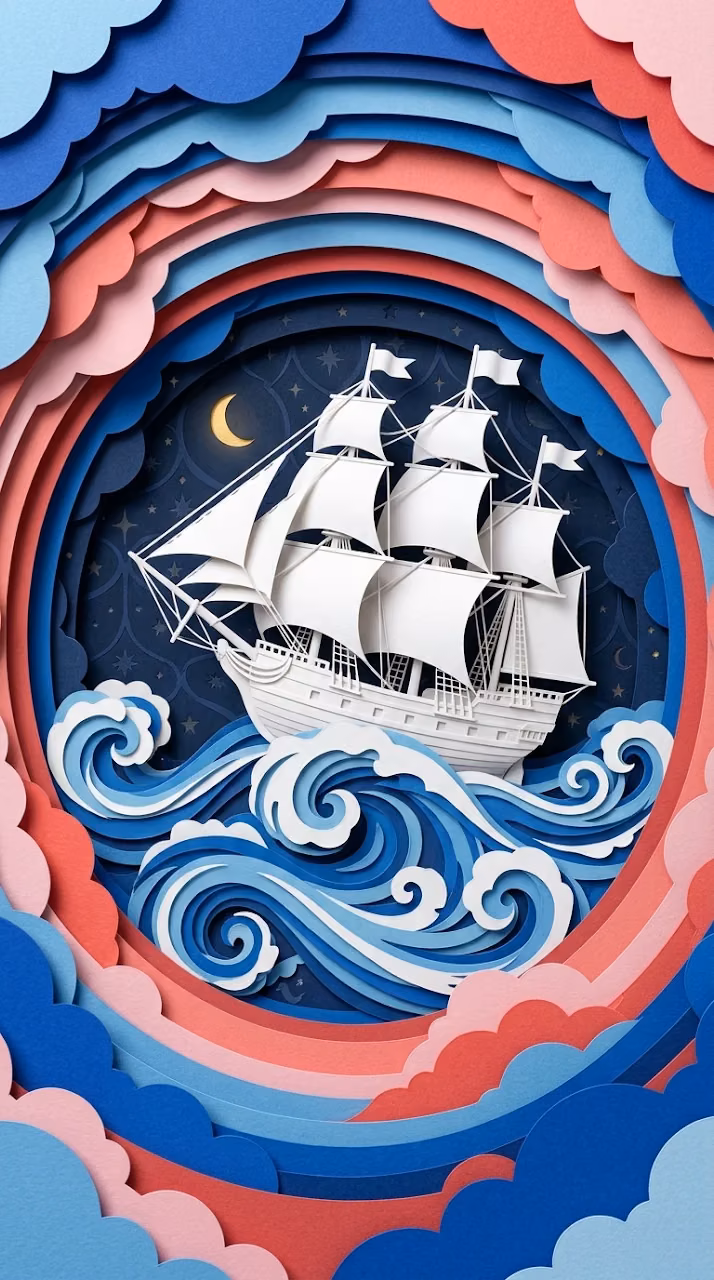3D Layered Papercut Art of a Sailing Ship on Stormy Waves - Free Mobile AMOLED Wallpaper Background