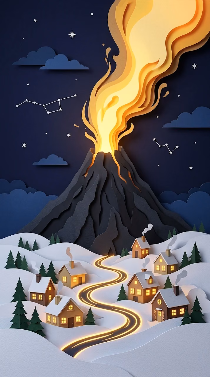 3D Layered Papercut Art of Snowy Village and Glowing Volcano - Free Mobile AMOLED Wallpaper Background