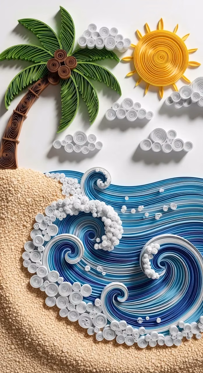 3D Paper Quilling Art of a Tropical Beach Scene with Sun and Rolling Waves - Free Mobile AMOLED Wallpaper Background