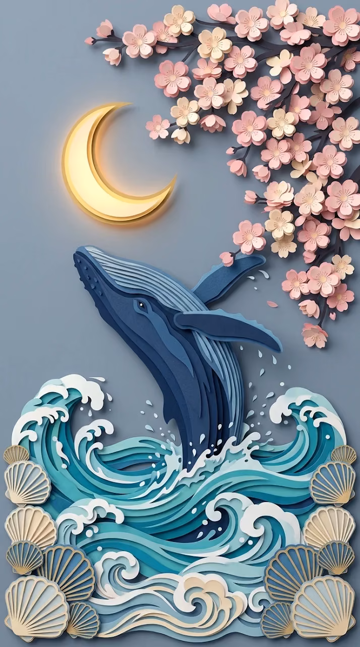 3D Papercut Style Illustration of a Whale under a Glowing Crescent Moon - Free Mobile AMOLED Wallpaper Background