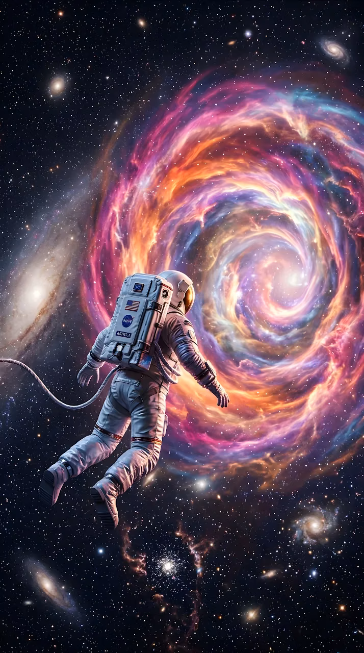 3D Render of an Astronaut Floating Toward a Glowing Galactic Nebula Portal - Free Mobile AMOLED Wallpaper Background