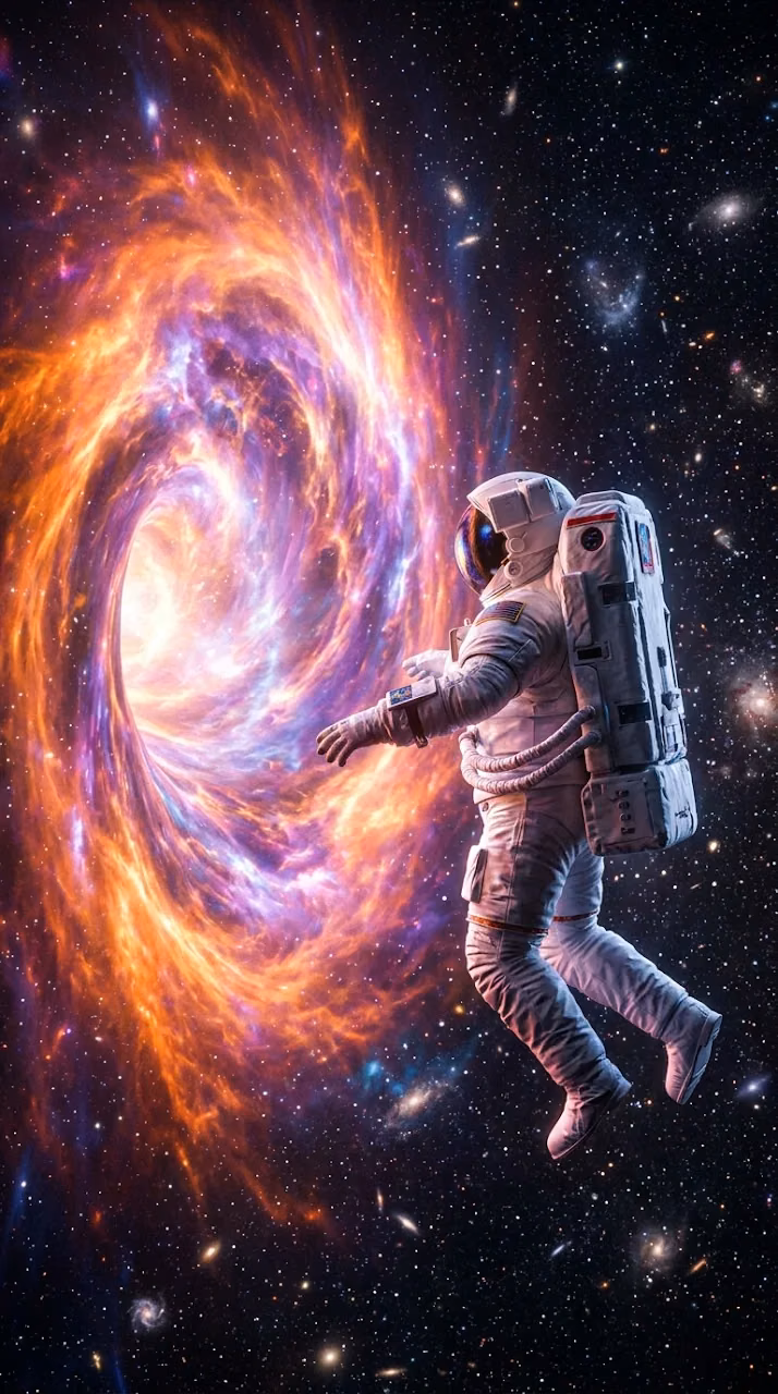 3D Render of an Astronaut Floating Toward a Massive Glowing Cosmic Portal - Free Mobile AMOLED Wallpaper Background