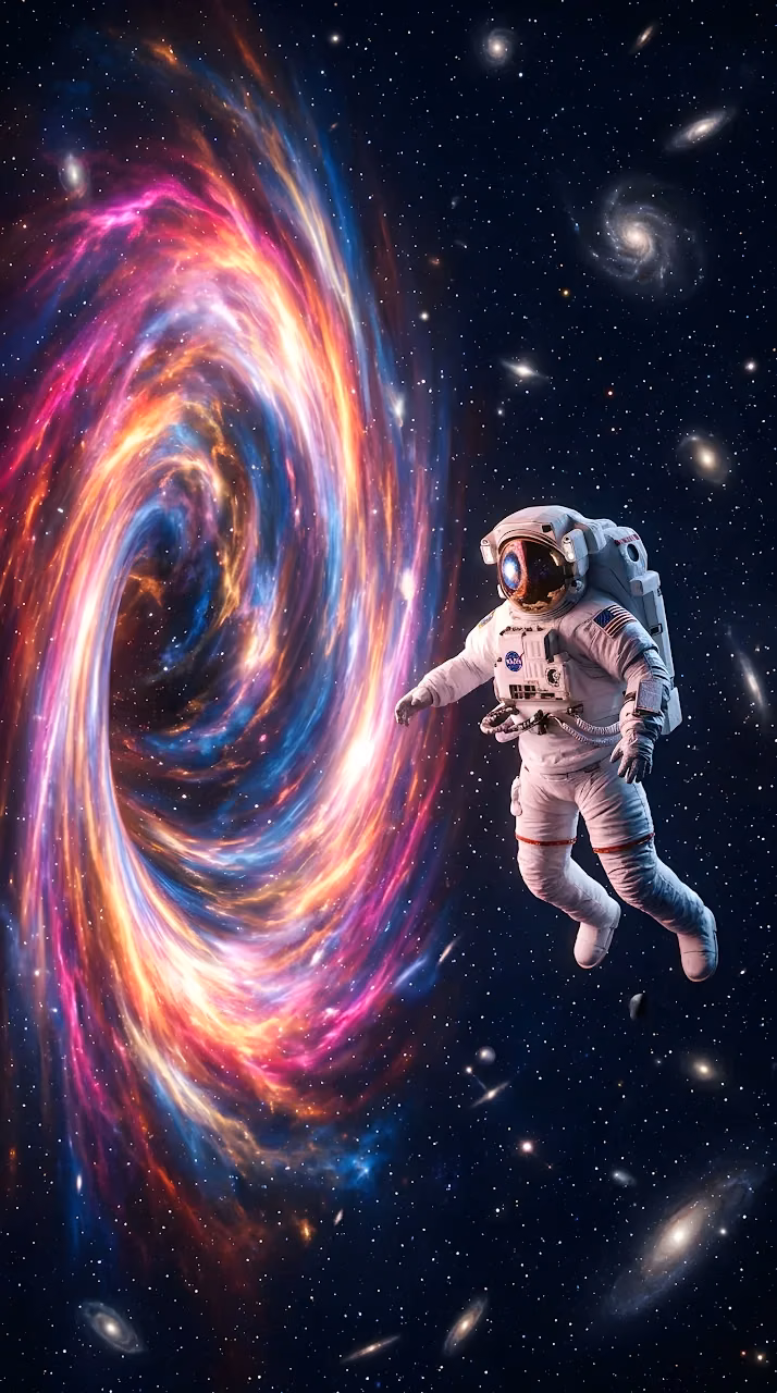 Download 3D Render of an Astronaut Floating Toward a Glowing Galactic Nebula Portal Wallpaper in Mobile HD 3D Render of an Astronaut Floating Toward a Glowing Galactic Nebula Portal - Free Mobile AMOLED Wallpaper Background