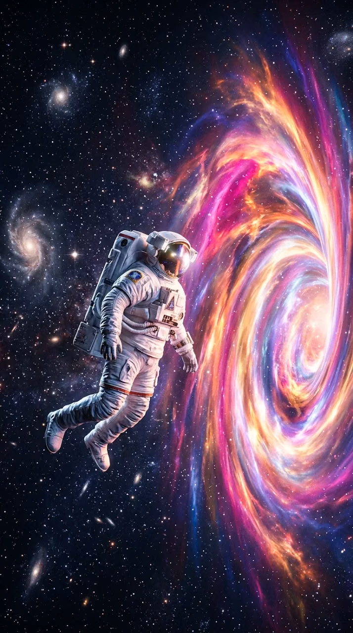 3D Render of an Astronaut Floating Towards a Glowing Galactic Portal - Free Mobile AMOLED Wallpaper Background