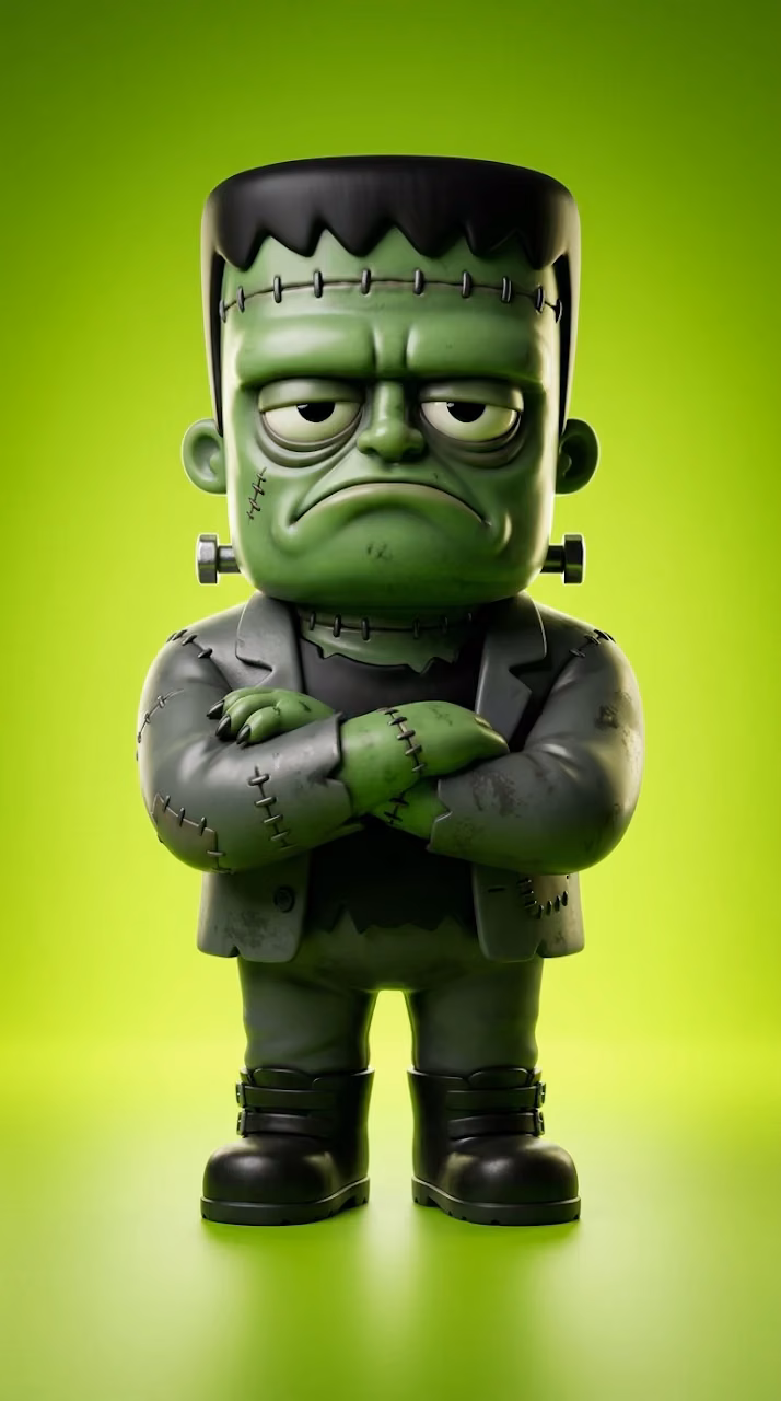 3D Render of a Cute and Grumpy Green Frankenstein Monster - Free Mobile AMOLED Wallpaper Background
