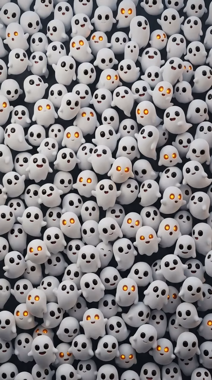 3D Render of Many Cute White Ghosts with Various Expressions - Free Mobile AMOLED Wallpaper Background