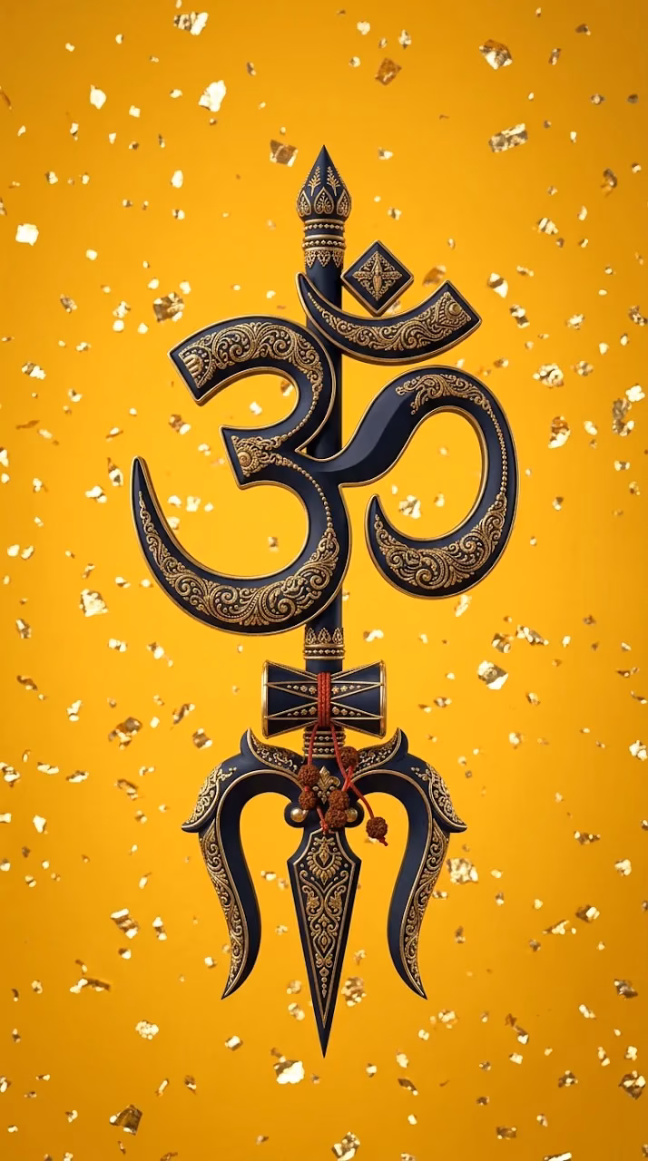 3D Render of an Om Symbol and Shiva's Trident on a Yellow Background - Free Mobile AMOLED Wallpaper Background