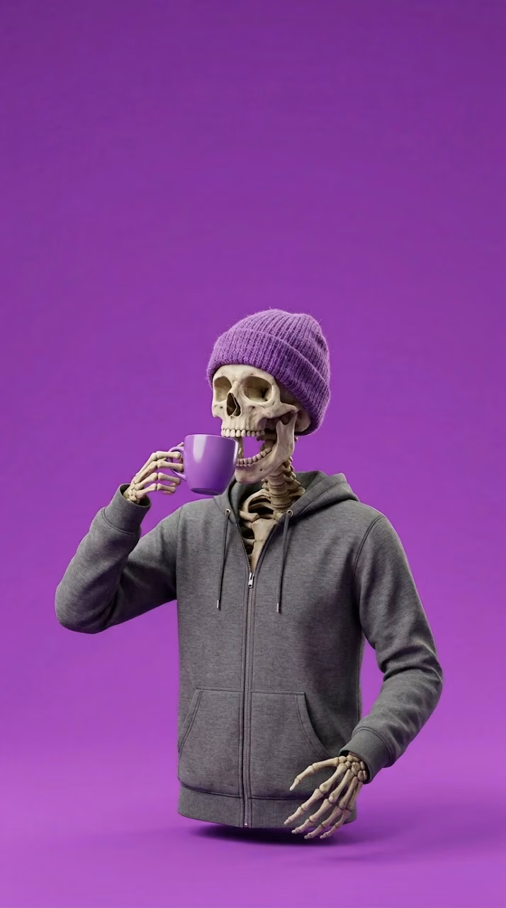 3D Render of a Skeleton in a Beanie Drinking Coffee on a Purple Background - Free Mobile AMOLED Wallpaper Background