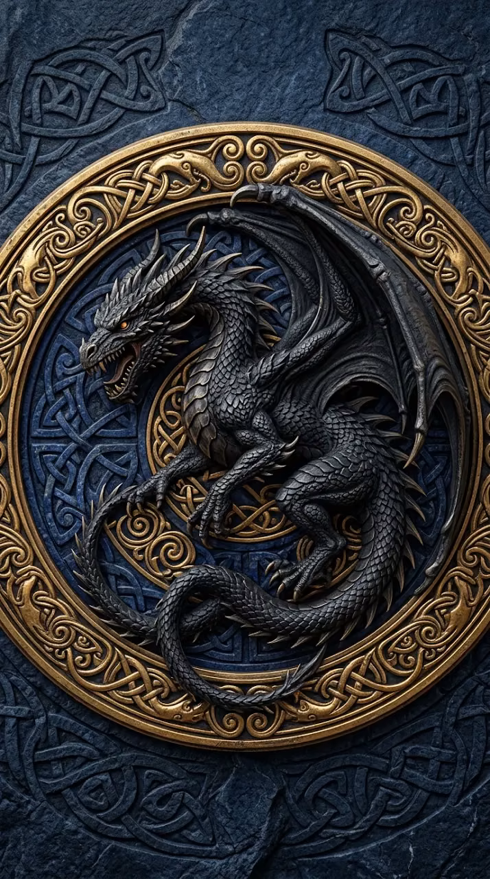 3D Sculpted Dragon Crest with Intricate Celtic Knotwork - Free Mobile AMOLED Wallpaper Background