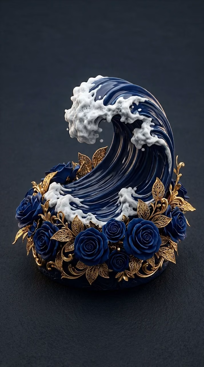 Download 3D Sculptural Paper-Cut Style Wave with Blue Roses and Gold Leaves Wallpaper in Mobile HD 3D Sculptural Paper-Cut Style Wave with Blue Roses and Gold Leaves - Free Mobile AMOLED Wallpaper Background