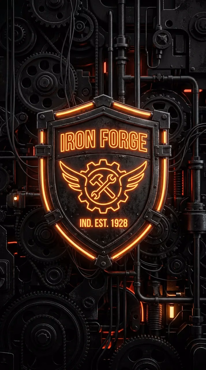 3D Shield Icon with Orange Neon Tubes and Mechanical Gears - Free Mobile AMOLED Wallpaper Background