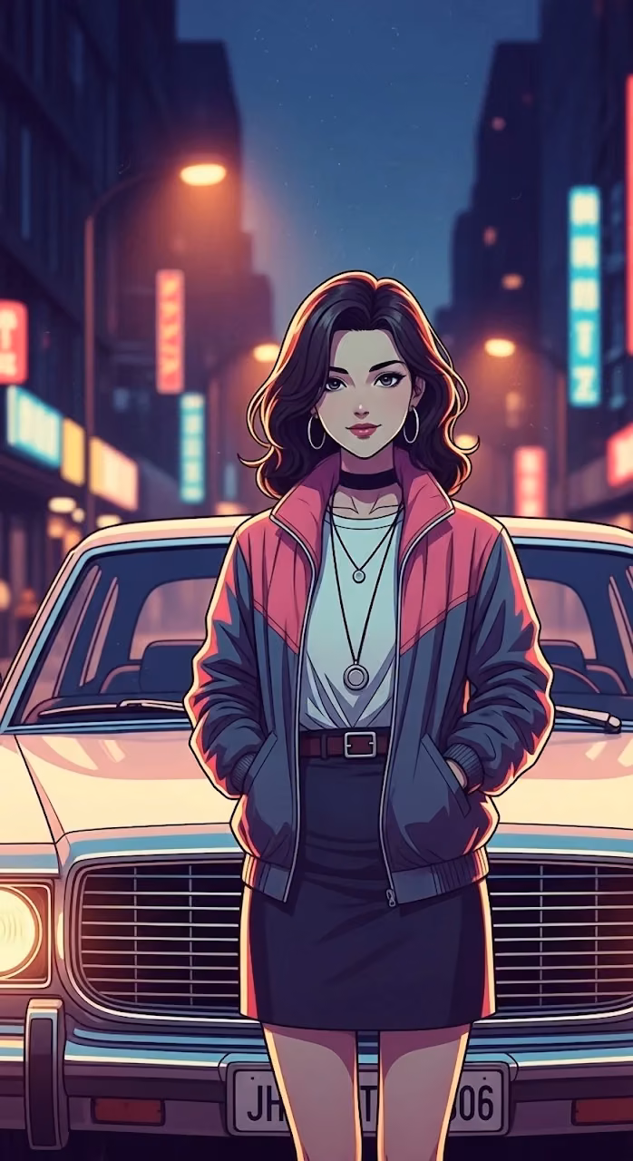 80s Anime Girl Posing by Classic Car on Neon Street - Free Mobile AMOLED Wallpaper Background