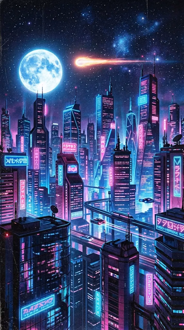 Download 80s Style Neon Cityscape with Full Moon and Meteor Wallpaper in Mobile HD 80s Style Neon Cityscape with Full Moon and Meteor - Free Mobile AMOLED Wallpaper Background