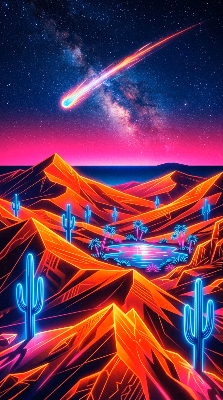 Download 80s Synthwave Neon Desert Landscape with Cacti and Glowing Comet Wallpaper in Mobile HD 80s Synthwave Neon Desert Landscape with Cacti and Glowing Comet - Free Mobile AMOLED Wallpaper Background