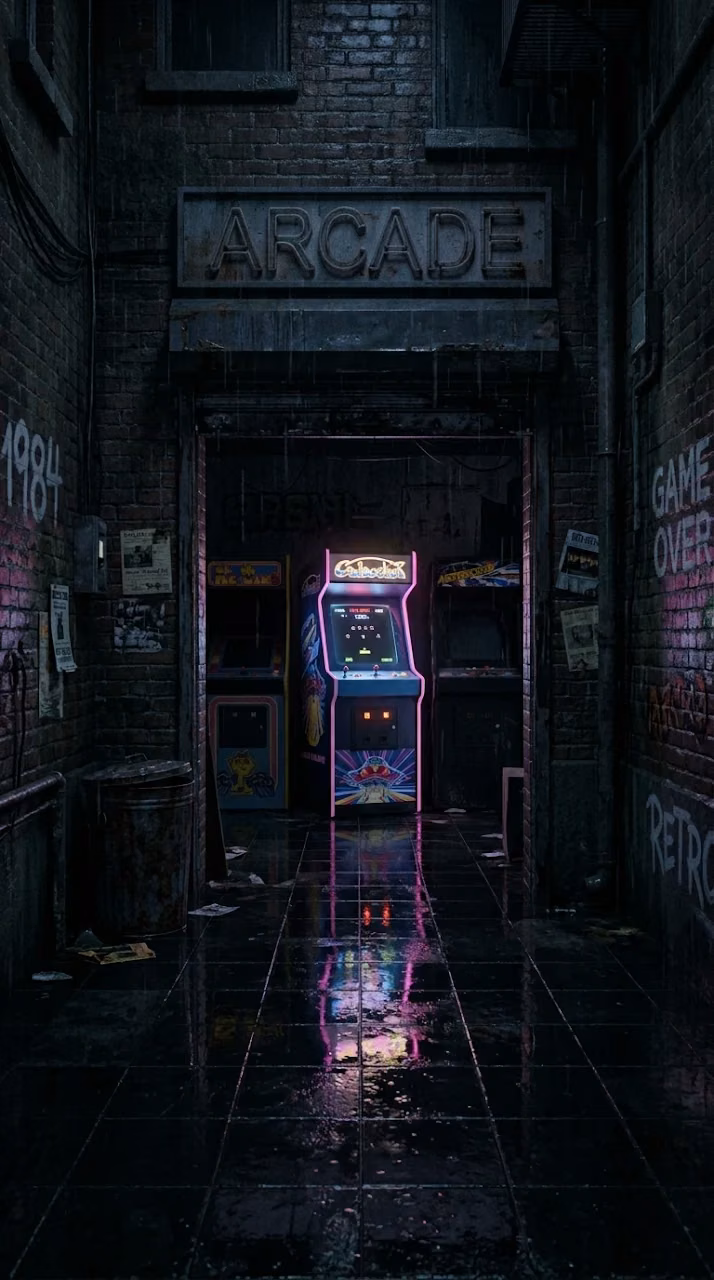 Abandoned 1980s Arcade in Rainy Alleyway Wallpaper - Free Mobile AMOLED Wallpaper Background