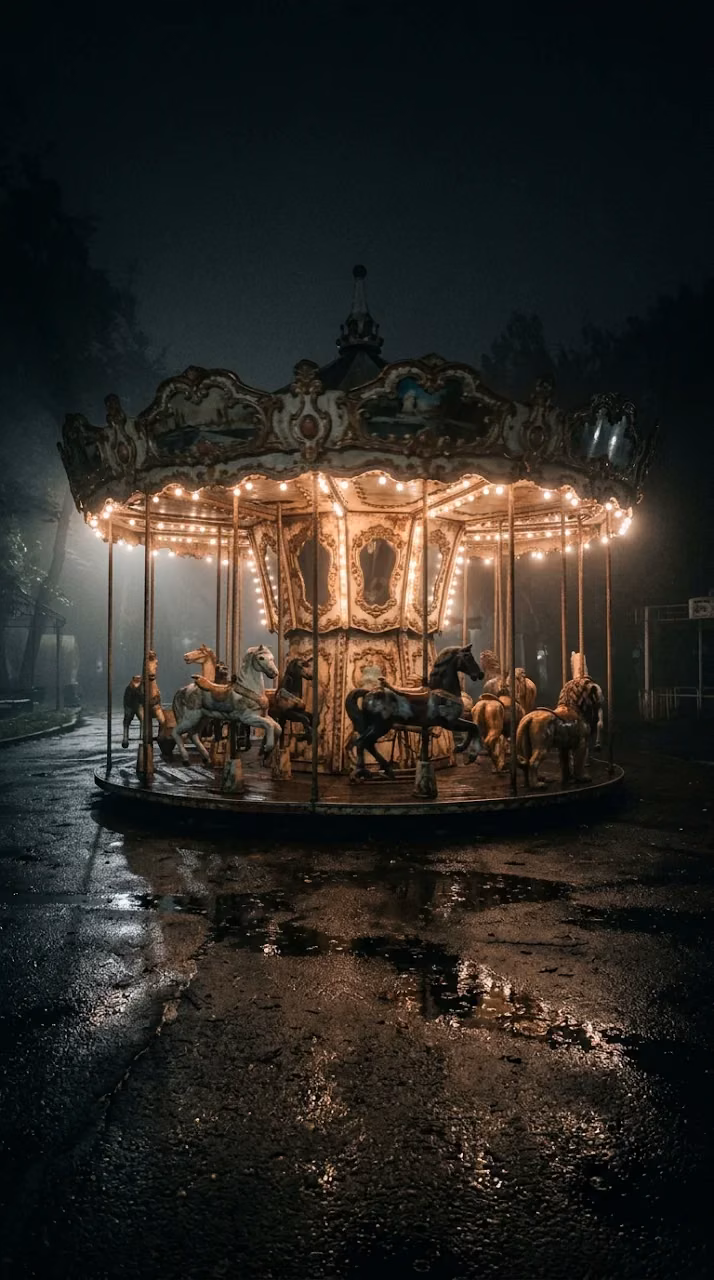 Abandoned Carousel Rotating in Midnight Fog - Free Mobile AMOLED Wallpaper Background