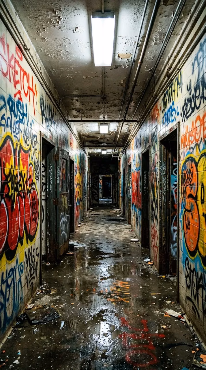 Abandoned Hallway Covered in Vibrant Colorful Graffiti - Free Mobile AMOLED Wallpaper Background
