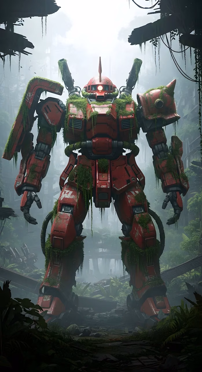 Abandoned Red Military Mech Overgrown in Jungle Ruins - Free Mobile AMOLED Wallpaper Background