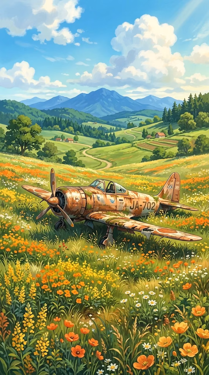 Abandoned Rusty Airplane in a Wildflower Meadow - Free Mobile AMOLED Wallpaper Background