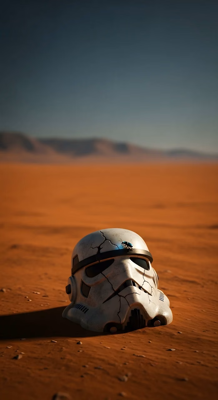 Abandoned Stormtrooper Helmet in Vast Desert Landscape - Free Mobile AMOLED Wallpaper Background