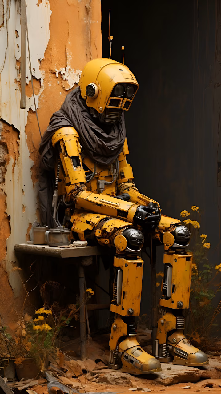 Abandoned Yellow Droid Post Apocalyptic Wasteland Art - Free Mobile AMOLED Wallpaper Background