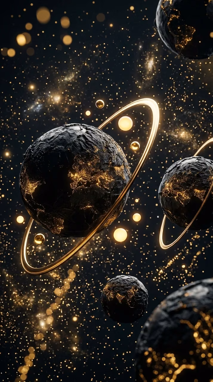 Download Abstract 3D Black and Gold Planets with Glowing Rings Wallpaper in Mobile HD Abstract 3D Black and Gold Planets with Glowing Rings - Free Mobile AMOLED Wallpaper Background