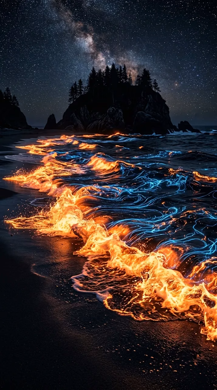 Download Abstract 3D Render of Bioluminescent Waves at a Dark Night Shoreline Wallpaper in Mobile HD Abstract 3D Render of Bioluminescent Waves at a Dark Night Shoreline - Free Mobile AMOLED Wallpaper Background