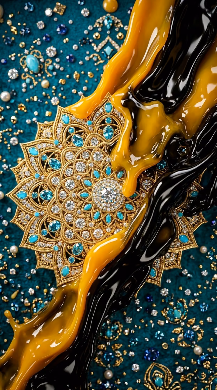 Abstract 3D Render of Jeweled Mandalas with Flowing Yellow and Black Liquid - Free Mobile AMOLED Wallpaper Background