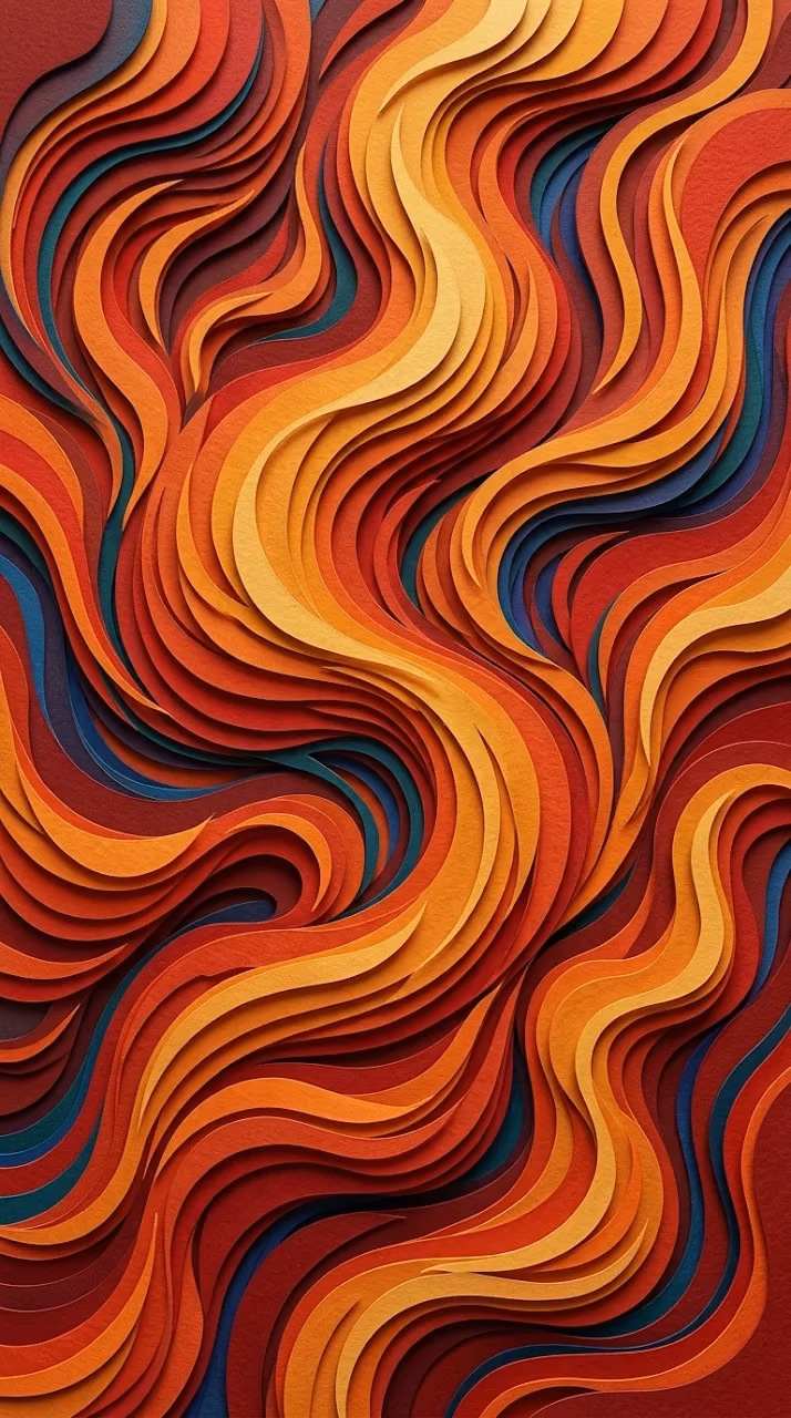 Abstract 3D Wave-Like Shapes in Warm Fire Tones and Blue Accents - Free Mobile AMOLED Wallpaper Background