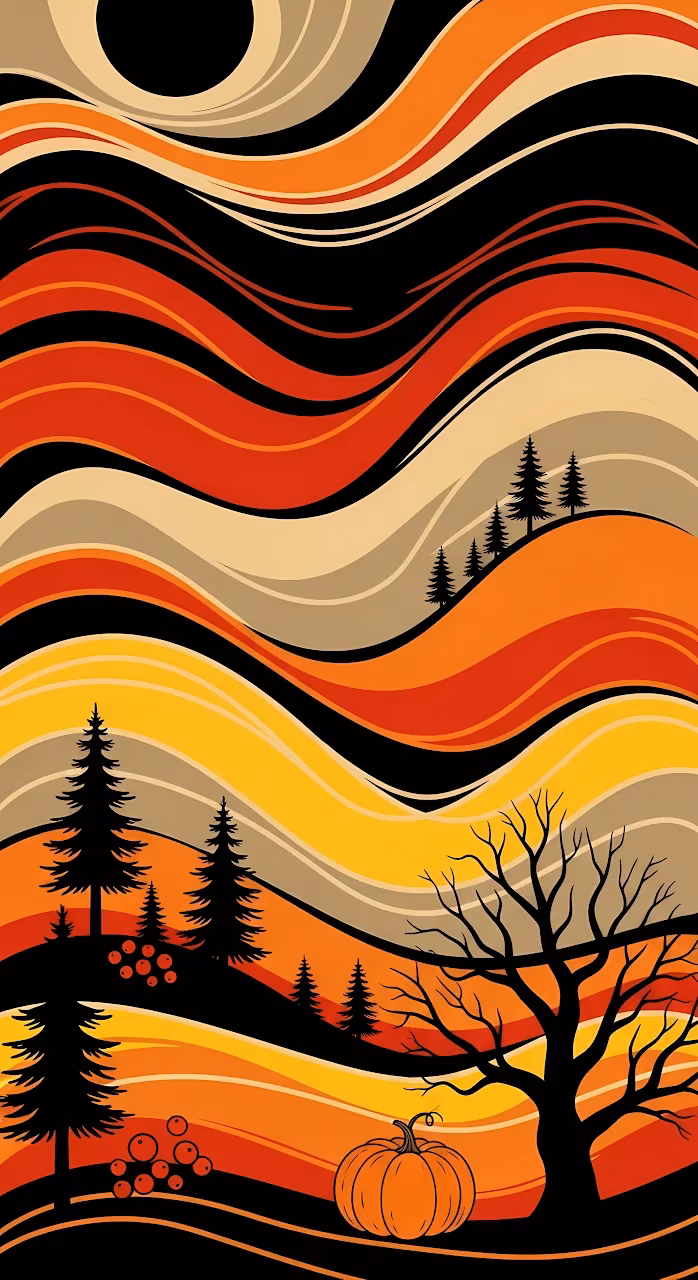 Abstract Autumn Landscape with Wavy Orange and Black Stripes - Free Mobile AMOLED Wallpaper Background