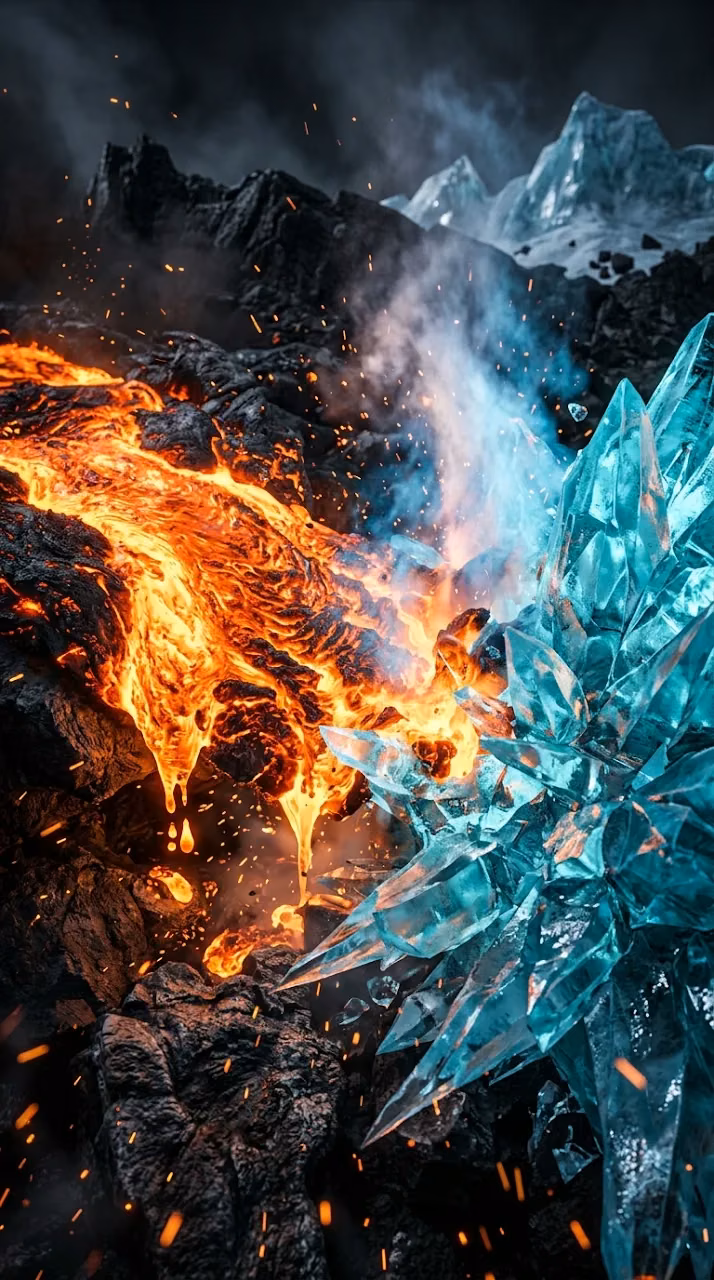 Abstract Clash of Molten Lava and Cyan Ice Textures - Free Mobile AMOLED Wallpaper Background