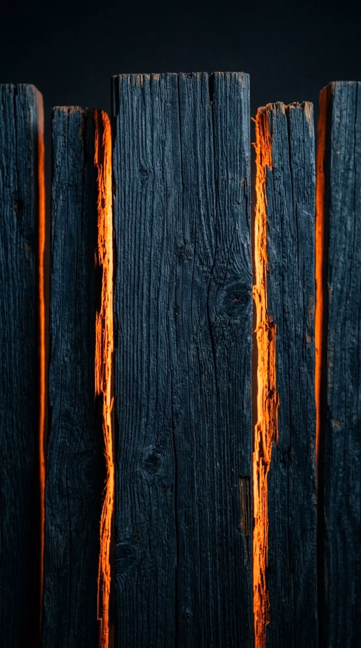 Abstract Close-up of Dark Wood Blocks with Vibrant Orange Rim Lighting - Free Mobile AMOLED Wallpaper Background