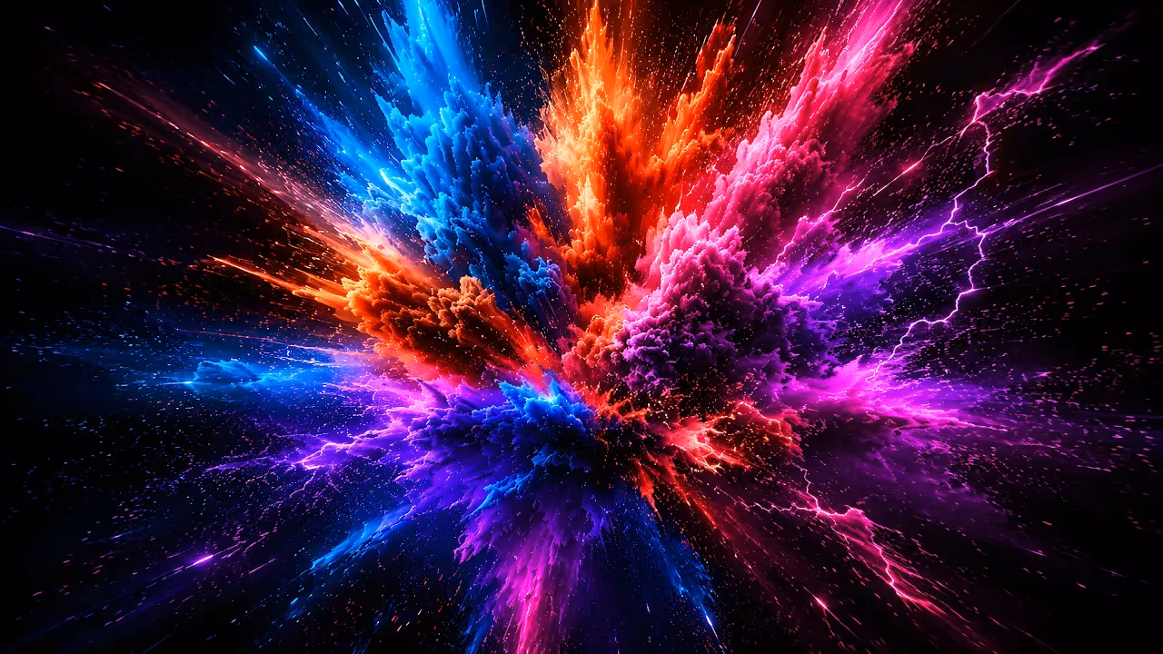 Download Abstract Neon Powder Explosion Dark 4K Wallpaper in 4K UHD Explosion of bright blue, orange, and magenta powder with electric lightning sparks on a black background.