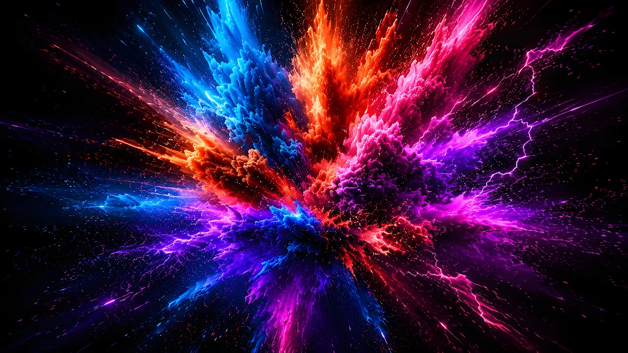 Download Abstract Neon Powder Explosion Dark 4K Wallpaper in 4K UHD Explosion of bright blue, orange, and magenta powder with electric lightning sparks on a black background.