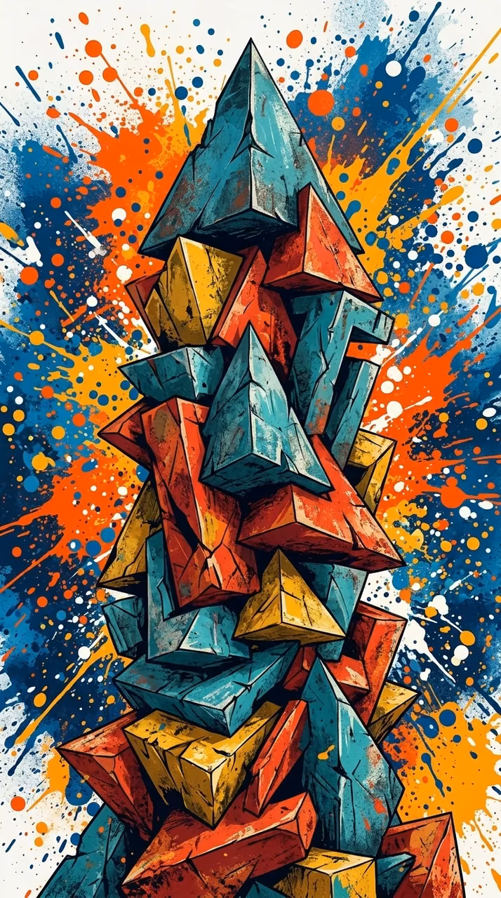 Abstract Composition of Geometric Pyramids with Vibrant Paint Splatters - Free Mobile AMOLED Wallpaper Background
