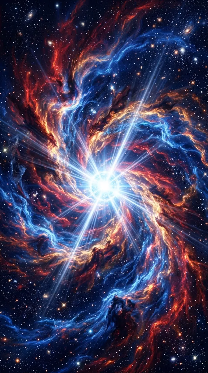 Abstract Cosmic Birth of a Star with Beams of Light - Free Mobile AMOLED Wallpaper Background