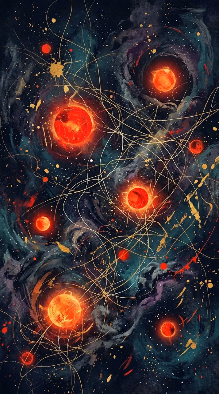 Abstract Cosmic Composition with Dark Blue Nebula Red Orbs and White Lines - Free Mobile AMOLED Wallpaper Background