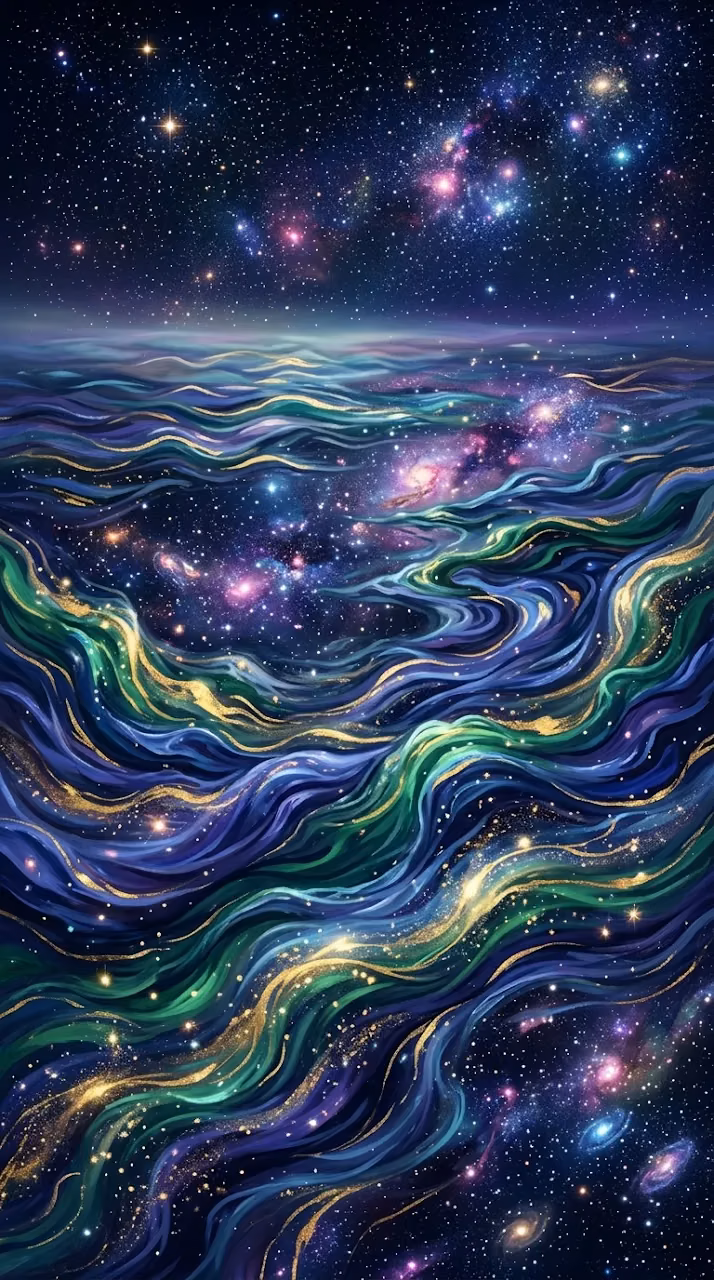Download Abstract Cosmic Ocean Waves with Indigo Emerald and Gold Hues Wallpaper in Mobile HD Abstract Cosmic Ocean Waves with Indigo Emerald and Gold Hues - Free Mobile AMOLED Wallpaper Background