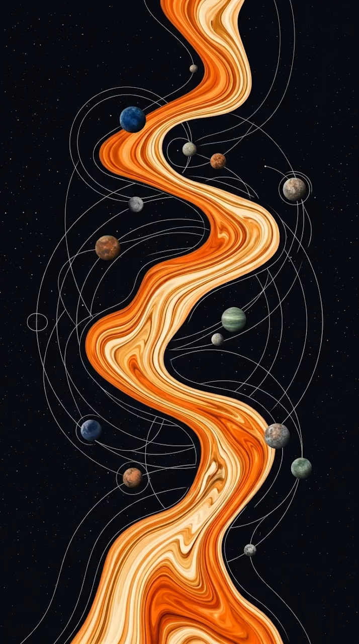 Abstract Cosmic River with Floating Planets Graphic Illustration - Free Mobile AMOLED Wallpaper Background