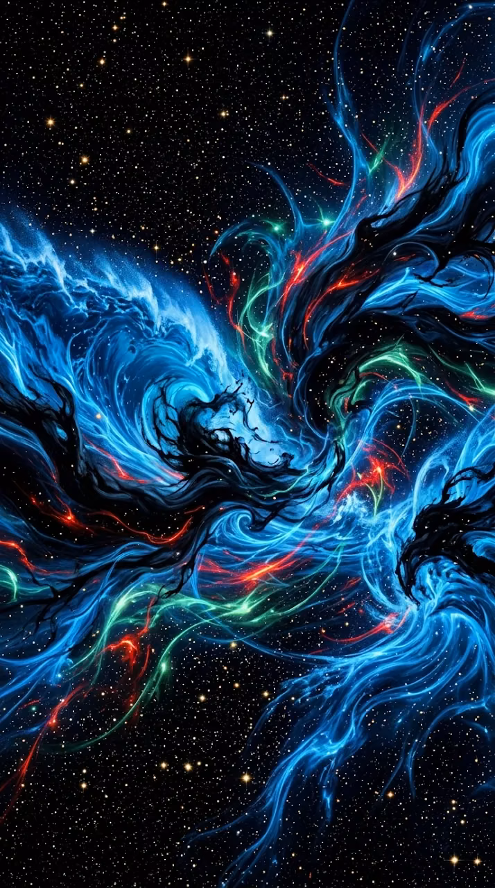 Abstract Cosmic Storm with Cerulean and Obsidian Waves - Free Mobile AMOLED Wallpaper Background