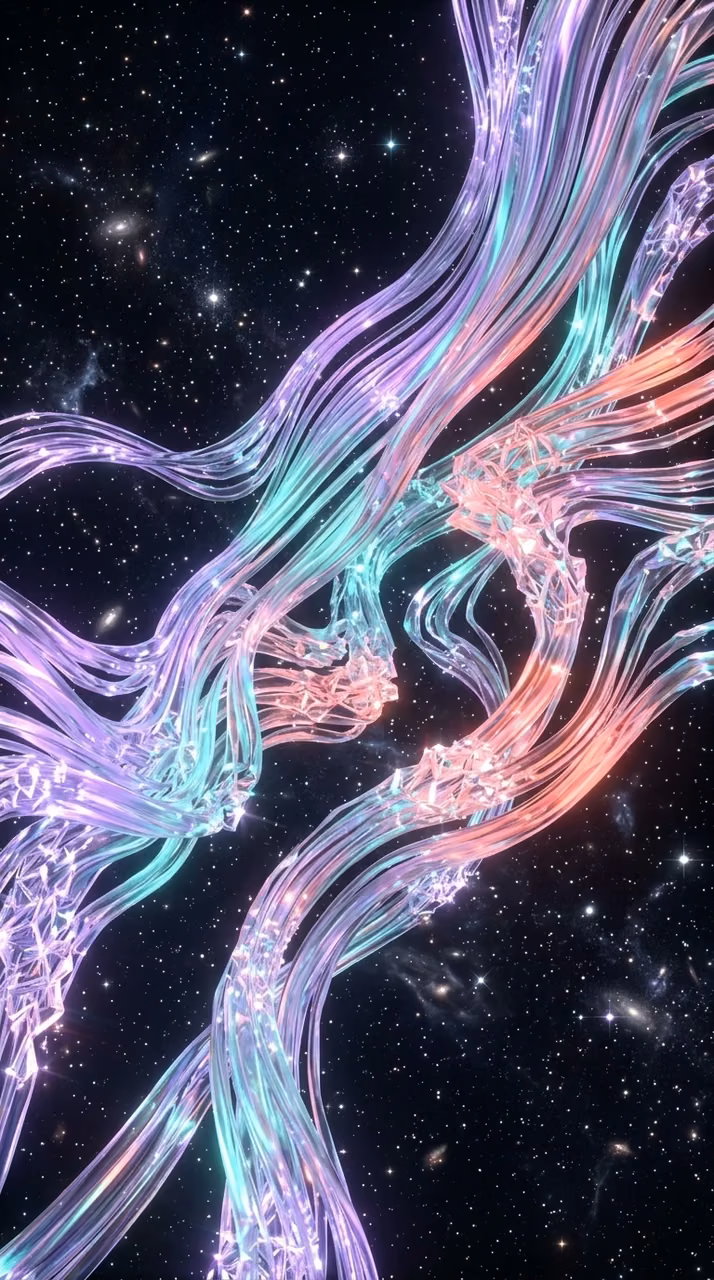 Abstract Crystalline Strands Floating in a Starry Lavender and Teal Space - Free Mobile AMOLED Wallpaper Background