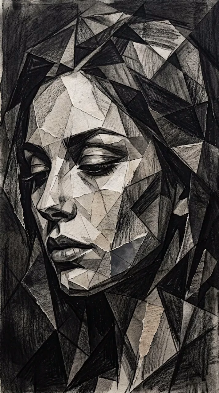 Abstract Cubist Monochrome Portrait of a Woman Face - Free Mobile AMOLED Wallpaper Background